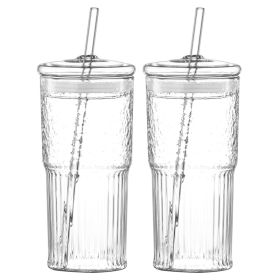 20 Oz 2-pack Glass Straw Cup With Vertical Pattern Cup And Lid, High Borosilicate Heat-resistant Glass Cup For Juice, Milk And Cold Drinks