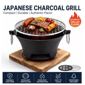 KL1 Portable Charcoal Grill Mini Tabletop BBQ Cast Iron Body Stainless Steel Removable Grill Net Heat Resistant Wooden Base Silver Carry Rings