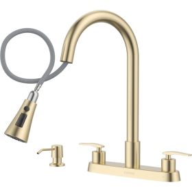 Handle Kitchen Faucet With Pull Down Sprayer Brushed Gold, 4 Holes Sink Faucets For Kitchen RV With Soap Dispenser Stainless Steel