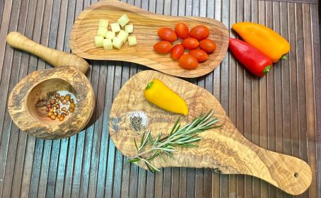 Authentic Mediterranean Olive Wood 4-Piece Kitchen Set - Handcrafted Wooden Mortar and Pestle, Multi-Purpose Serving Bowl, and Durable Cutting Board