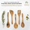 Olive Wood Kitchen Utensil Set - 5 Pcs Hand-Carved Wooden Cooking Spoon and Spatula Set for Nonstick Cookware