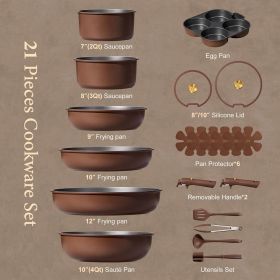 21pcs Pots and Pans Set, Nonstick Cookware Set Detachable Handle, Induction Kitchen Cookware Sets Non Stick with Removable Handle, RV Cookware Set (Color: Brown)