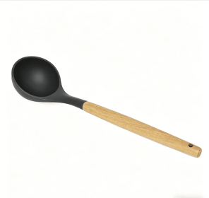 Wooden handle silicone cooking utensils, heat-resistant non-stick kitchen tools including spoon rests, egg beaters, tongs and spatulas (style: soup spoon)