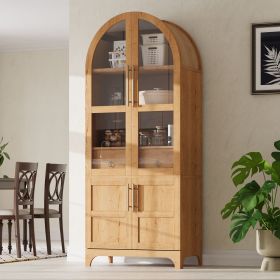 71" Tall Arched Kitchen Pantry Cabinet with Door Shelves, Farmhouse Kitchen Storage Cabinet with Open & Adjustable Shelves, Hidden Drawer & Glass Door (Color: Natural)