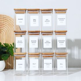 Empty Spice Jars with Label Pack (12x Bamboo Lid Glass Jar). Small 8oz Spice Storage Bottles with 72 Printed Spice Stickers and 20 Writable Pantry Lab (Quantity: 12)
